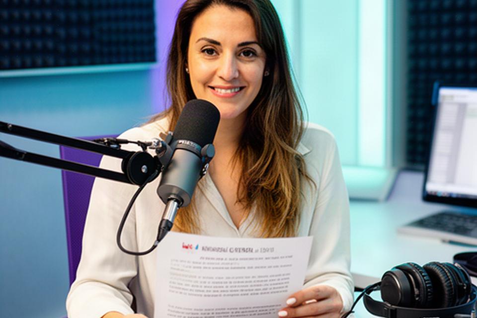 Locutora en un estudio de radio de Navalmoral de la Mata, con micrófono y notas sobre la actualidad local